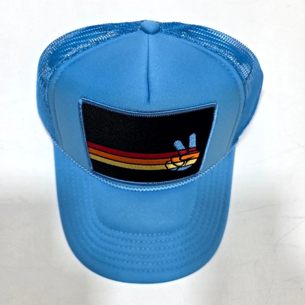 Port Sandz Trucker Hat Blue Peace Sign Retro Sunset Mesh Snapback Cap Surfer